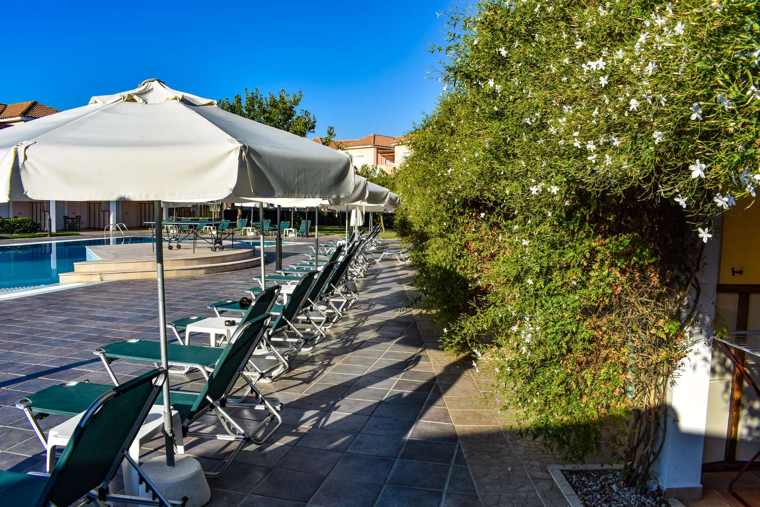 Zefyros Ecoresort Hotel – Zakynthos - lezaljke i suncobrani pored bazena.jpg