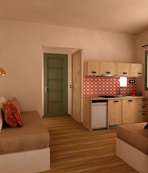 Asteris Village Hotel - Executive apartment - pogled na sobu i kuhinju.jpg